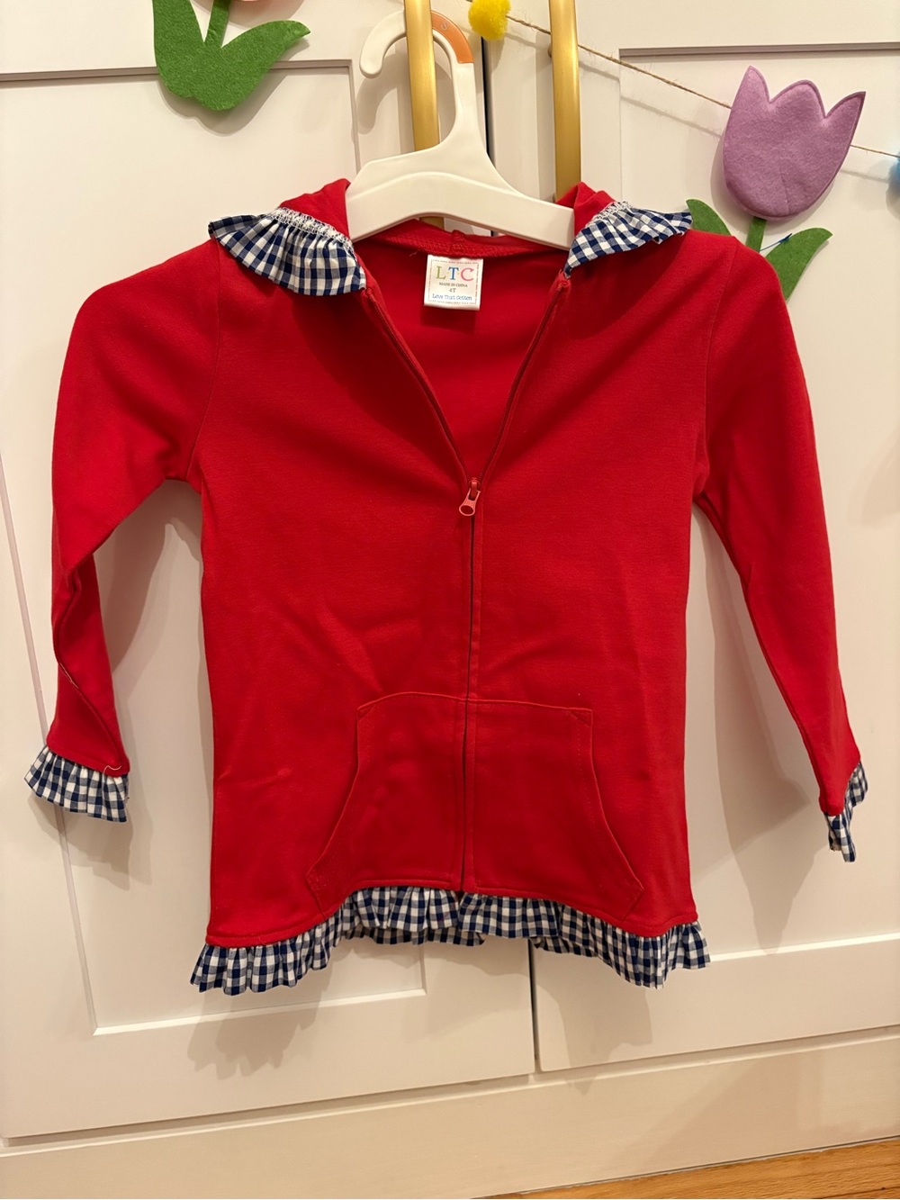 Love that Cotton Girls' Red Hooded Zip-Up Top with Navy Gingham Trim